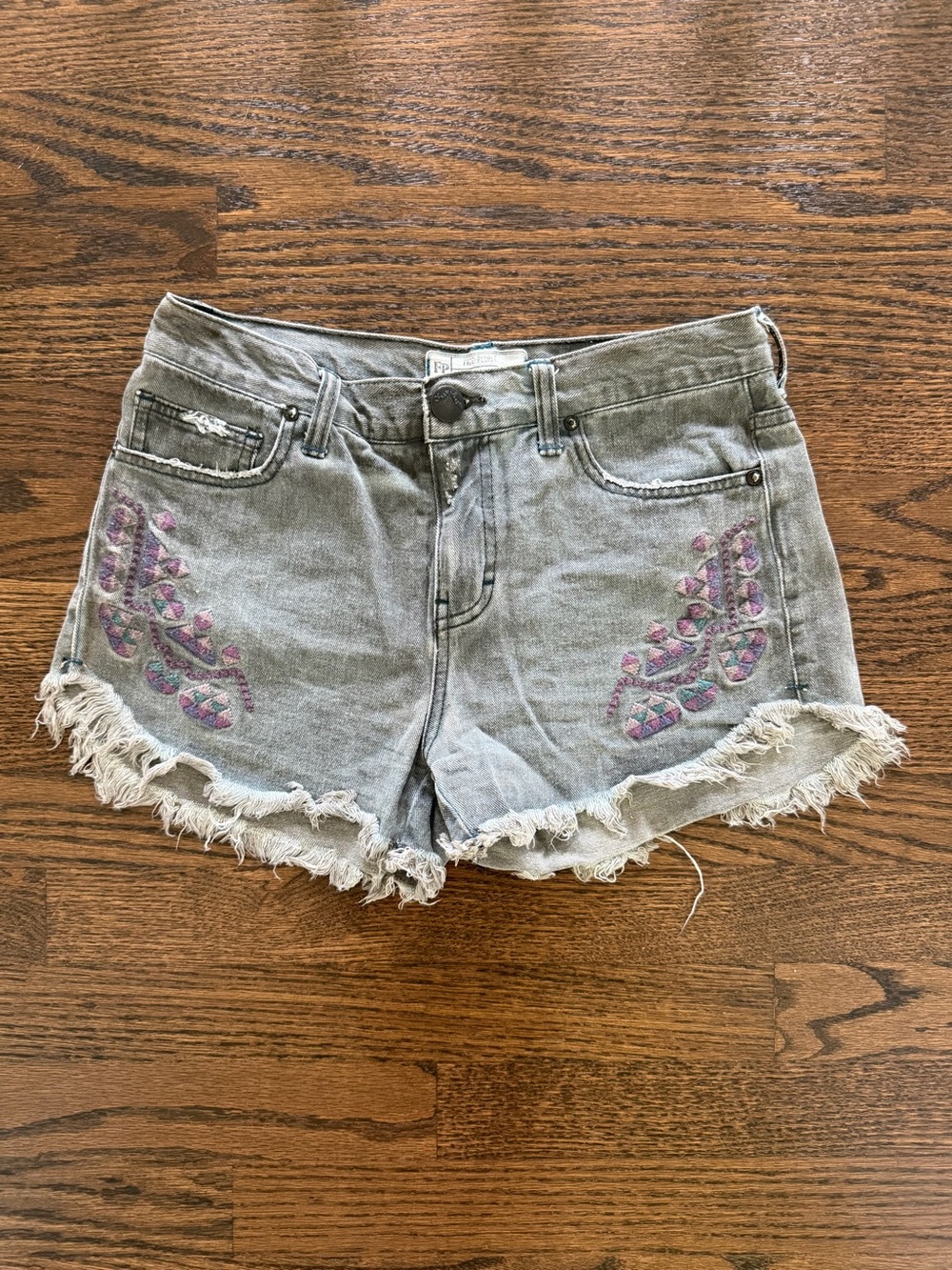 Free People Gray Denim Frayed Shorts with Purple Embroidery